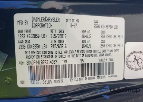 2007 Dodge Grand Caravan Sxt z USA, uszkodzony, nr VIN 2D4GP44L87R314357